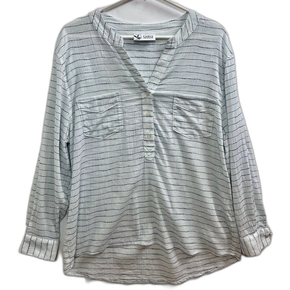 Carve Designs Dylan Gauze Shirt in Milos Navy Stripe Sz XL White Blue Organic